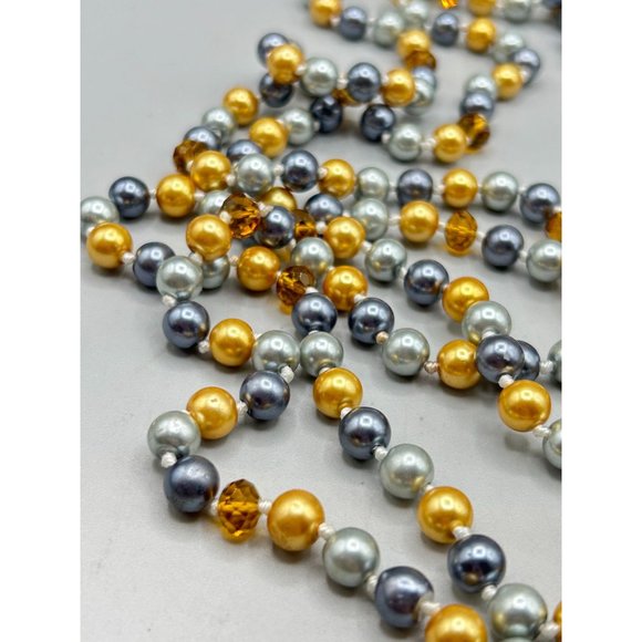 Long Strand Colored Faux Pearls & Crystals Necklace Gold Gray Color Hand Knotted - Picture 4 of 5